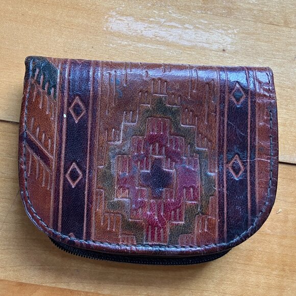Vintage Native Mexico Genuine Hand tooled Leather Wallet Zippered Coin Purse - Picture 6 of 8